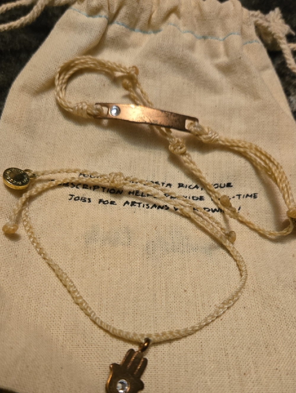 Handmade Cream Cord Braclet with Gold Hamsa Charm. Bar Charm Braclet